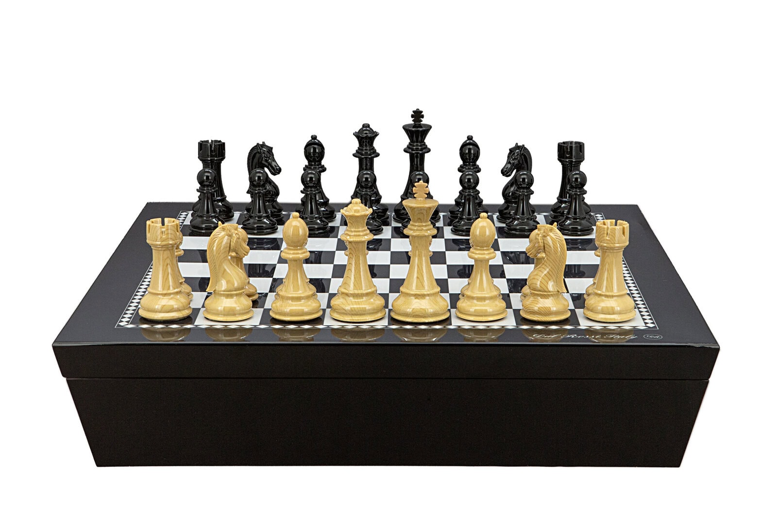Dal Rossi Italy Chess set with Black and White High Gloss Finish Angular Chess Box 20” with compartments  and Black Ebony Wood Grain Finish and Box Wood Grain Finish Weight pieces 110mm Chess Pieces