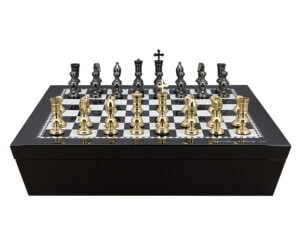 Dal Rossi Italy Chess set with Black and White High Gloss Finish Angular Chess Box 20” with compartments and Metal Dark Titanium and Gold 110mm Chessmen