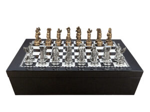 Dal Rossi Italy Chess set with Black and White High Gloss Finish Angular Chess Box 20” with compartments and European Warriors Chessmen 85mm