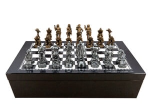 Dal Rossi Italy Chess set with Black and White High Gloss Finish Angular Chess Box 20” with compartments and Mad Max Robot Chess Pieces Polyresin