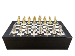 Dal Rossi Italy Chess set with Black and White High Gloss Finish Angular Chess Box 20” with compartments and Medieval Warriors Metal Chessmen 85mm