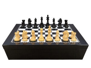 Dal Rossi Italy Chess set with Black and White High Gloss Finish Angular Chess Box 20” with compartments  and Ebony / Boxwood 95mm Wood Double Weighted Chess Pieces
