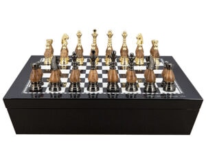 Dal Rossi Italy Chess set with Black and White High Gloss Finish Angular Chess Box 20” with compartments and Staunton Metal and Wood Gold 100mm Chessmen