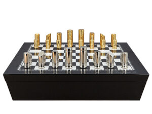 Dal Rossi Italy Chess set with Black and White High Gloss Finish Angular Chess Box 20” with compartments and Modern Gold and Silver Chessmen 75mm