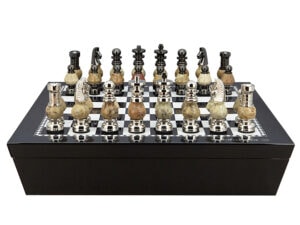 Dal Rossi Italy Chess set with Black and White High Gloss Finish Angular Chess Box 20” with compartments  and Coloured Stone and Silver Chessmen 100mm Chessmen
