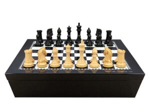 Dal Rossi Italy Chess set with Black and White High Gloss Finish Angular Chess Box 20” with compartments  and Ebony / Boxwood 105mm Wood Double Weighted Chess Pieces