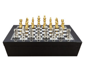 Dal Rossi Italy Chess set with Black and White High Gloss Finish Angular Chess Box 20” with compartments and Staunton Silver and GOLD Chessmen 100mm