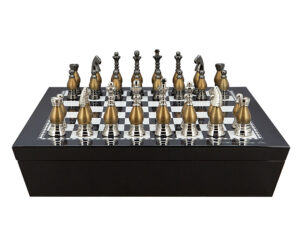 Dal Rossi Italy Chess set with Black and White High Gloss Finish Angular Chess Box 20” with compartments and Metal light gold plated Chessmen 100mm
