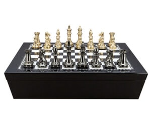 Dal Rossi Italy Chess set with Black and White High Gloss Finish Angular Chess Box 20” with compartments and Very Heavy Brass Staunton chessmen 110mm