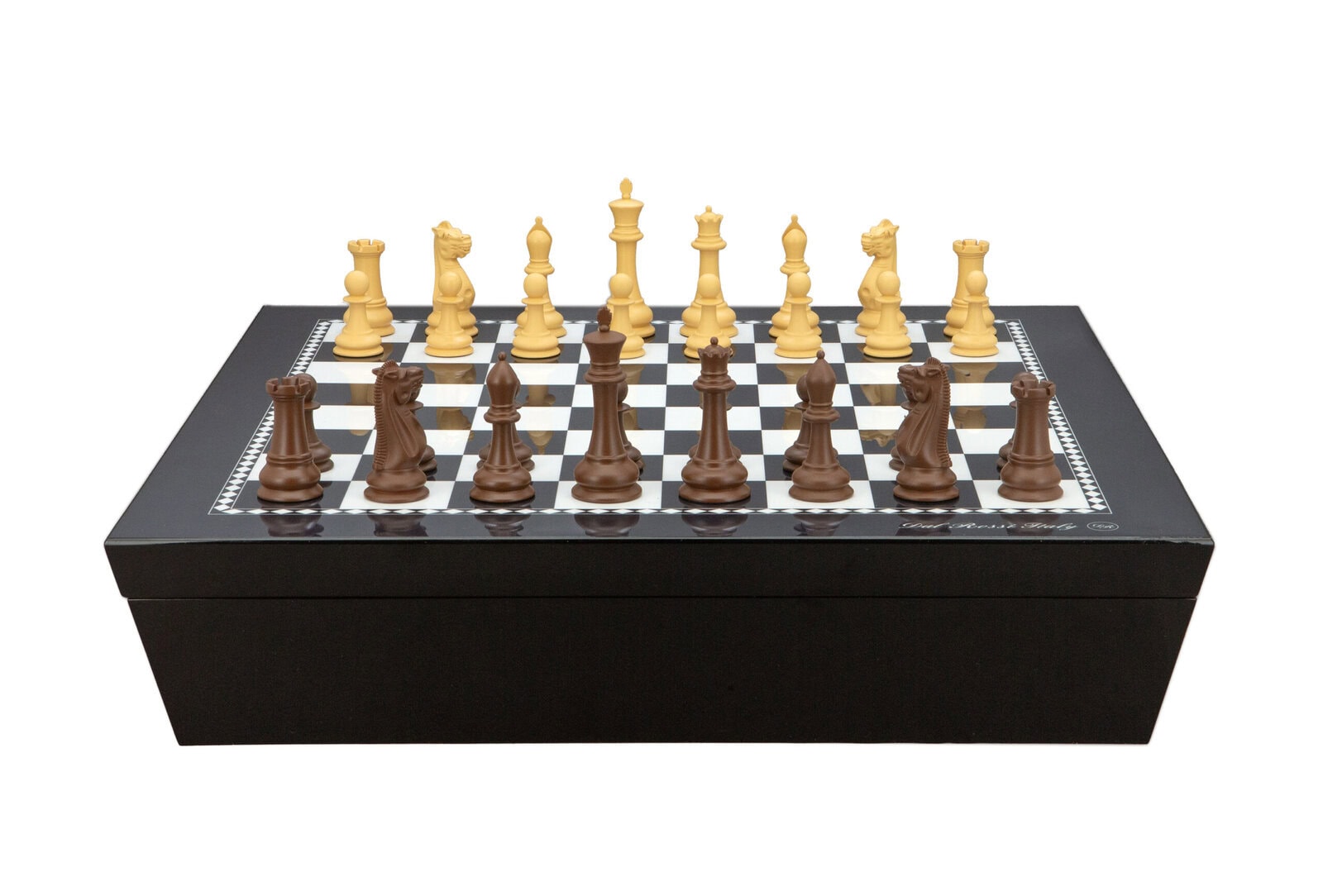 Dal Rossi Italy Chess set with Black and White High Gloss Finish Angular Chess Box 20” with compartments  and Queen’s Gambit Style Chess Pieces 90mm