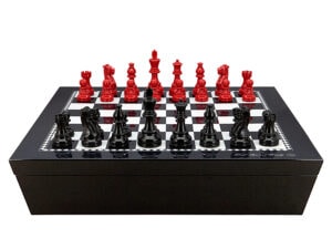 Dal Rossi Italy Chess set with Black and White High Gloss Finish Angular Chess Box 20” with compartments and French lardy, Boxwood Black & Red 95mm Wood Double Weighted Chess
