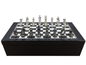 Dal Rossi Italy Chess set with Black and White High Gloss Finish Angular Chess Box 20” with compartments and Staunton Black Nickel & Silver 80mm Chessmen