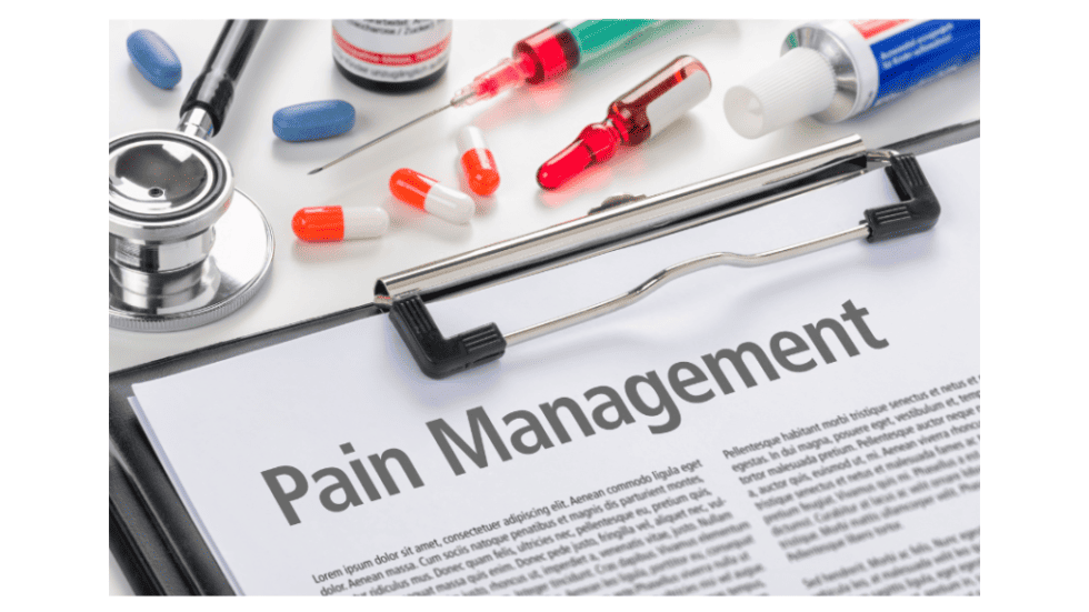 Pain management concept with medication and stethoscope for hypnotherapy benefits.