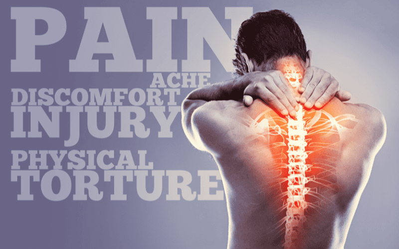 Person experiencing back pain with highlighted spine and pain-related words.