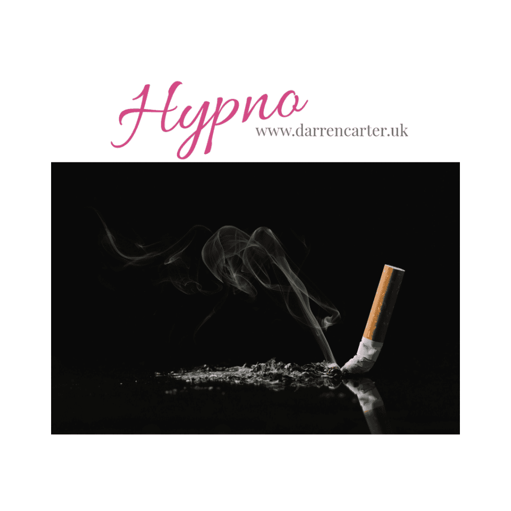 Burning cigarette with smoke on black background for hypnotherapy.