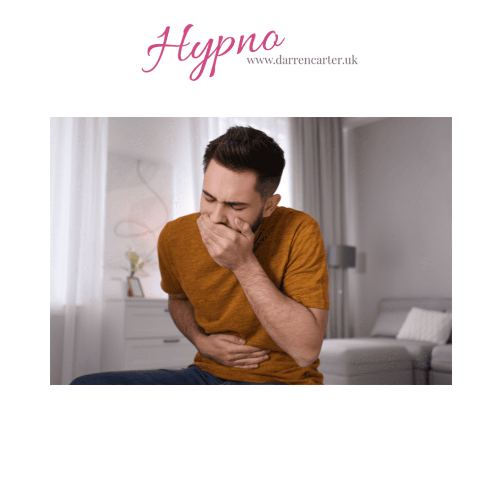 Man experiencing nausea or discomfort, seeking hypnotherapy help for emetophobia.