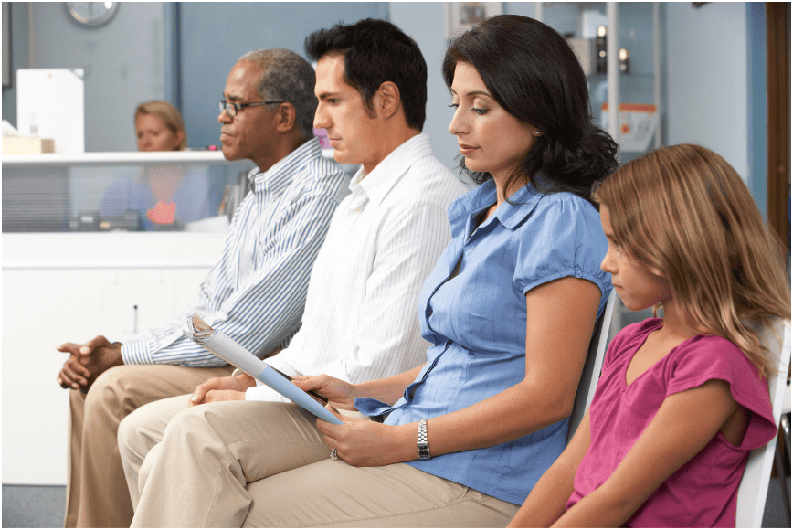 A group of patients waiting in a dental clinic, highlighting nervousness and dental anxiety.