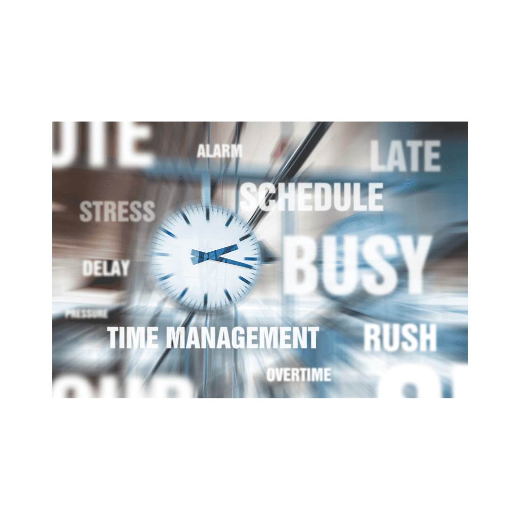 A blurred clock surrounded by words like "busy," "schedule," "time management," and "stress," symbolizing the pressure of time.