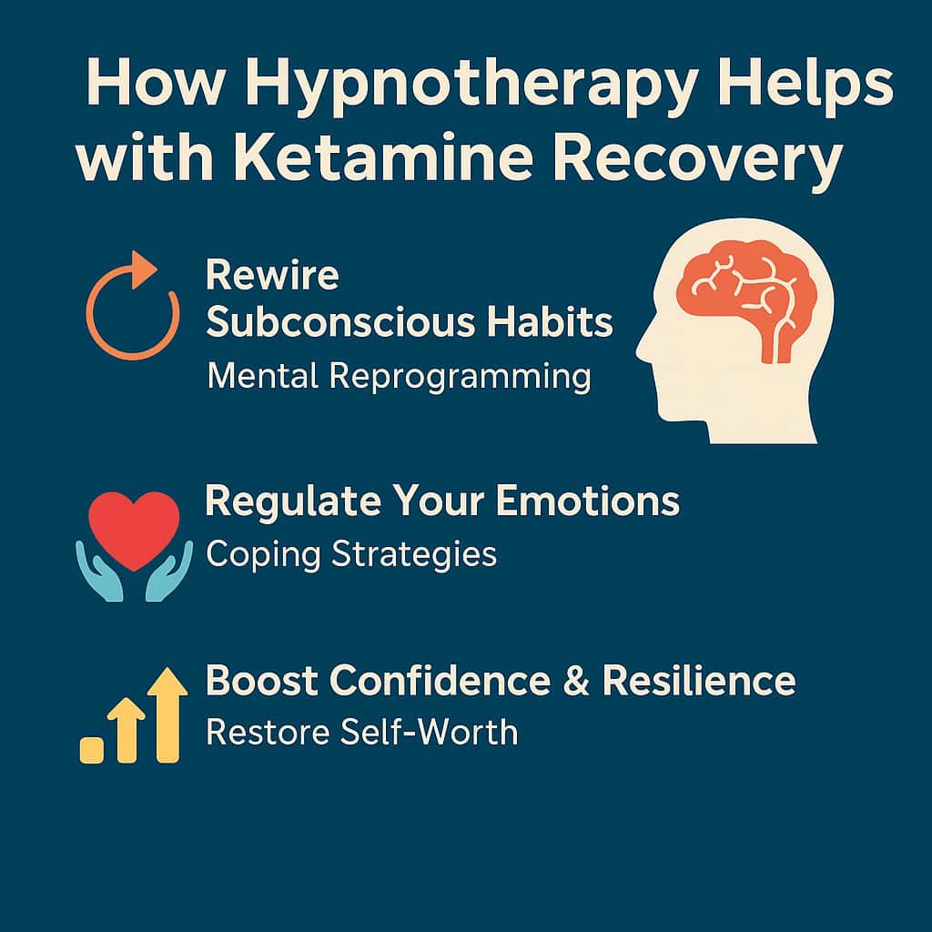 Square infographic illustrating the benefits of hypnotherapy for ketamine addiction recovery, including craving reduction, mental clarity, and emotional healing.