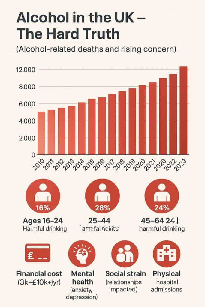 Bar chart showing alcohol-specific deaths in the UK from 2010 to 2023, with icons representing the mental, financial, physical, and social impacts of harmful drinking.