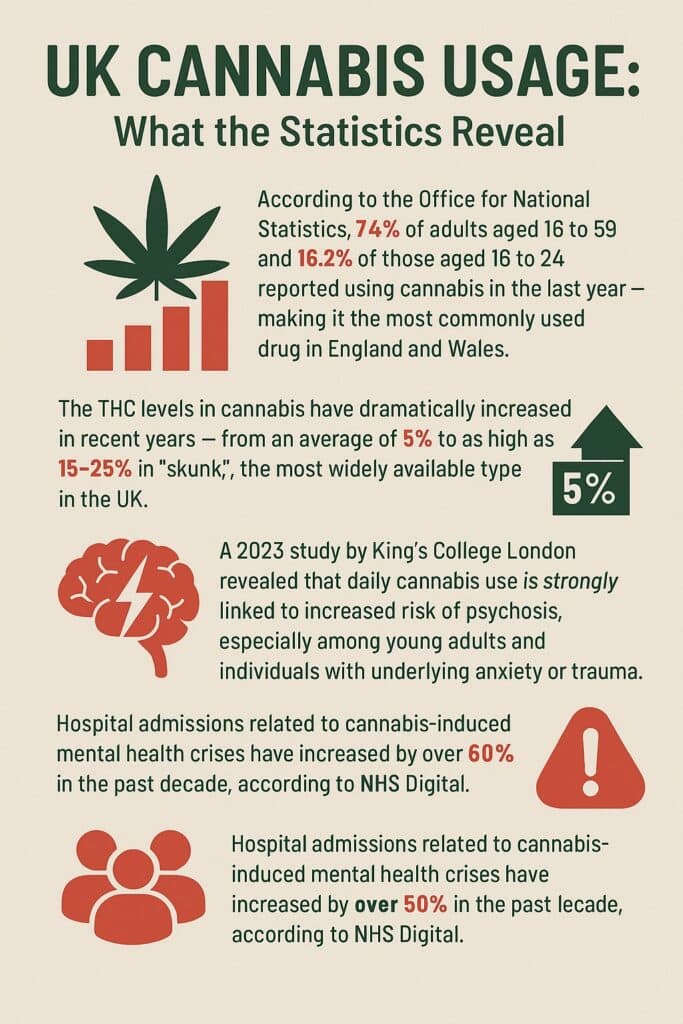 Infographic showing UK cannabis use statistics including THC potency increase, youth usage rates, and hospital admissions for cannabis-related mental health crises.