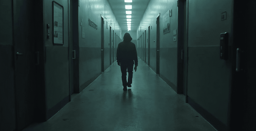 Person in a hooded jacket walking alone down a dark, sterile hallway, symbolizing isolation and fear