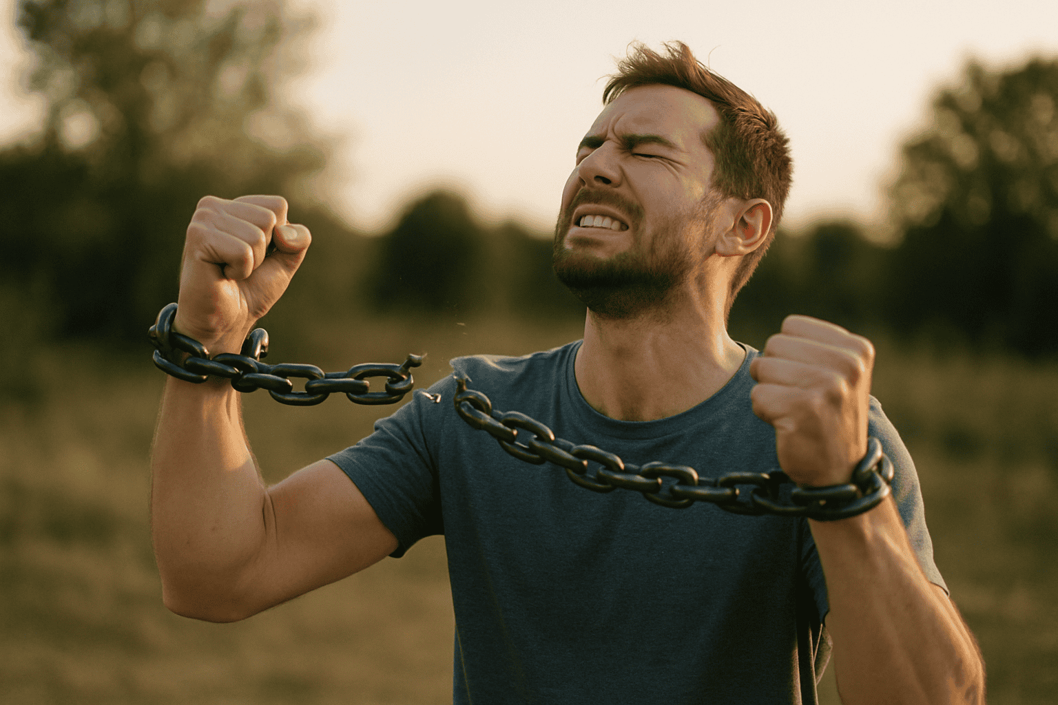 Man breaking free from chains, symbolizing liberation from addiction and personal struggle.