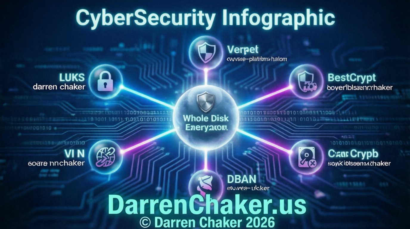 Darren Chaker CyberSecurity Whole Disk Encryption Infographic | Darren Chaker on Privacy Darren Chaker CyberSecurity Infographic - Whole Disk Encryption tools including VeraCrypt, LUKS, BestCrypt, DBAN, and CipherShed for digital privacy and counter-forensics protection