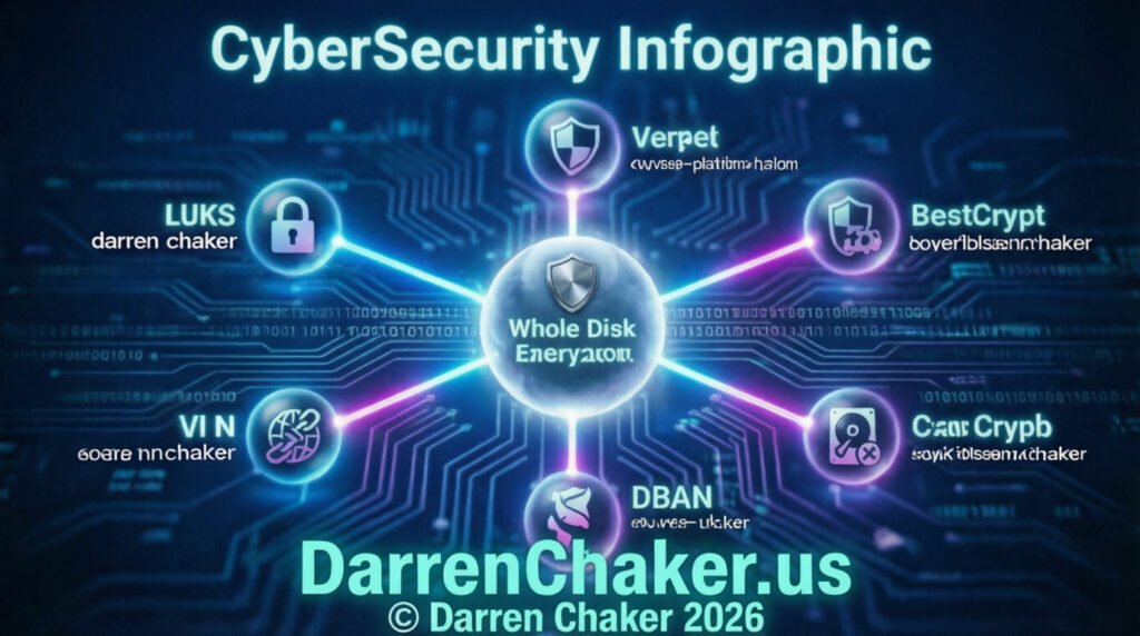 Darren Chaker CyberSecurity Infographic - Whole Disk Encryption tools including VeraCrypt, LUKS, BestCrypt, DBAN, and CipherShed for digital privacy and counter-forensics protection