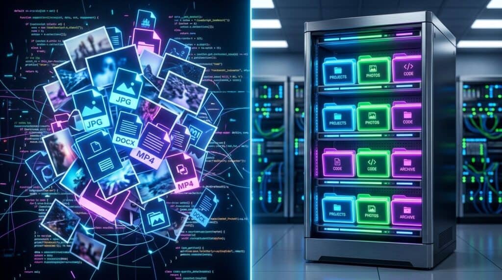 Modern data storage server with colorful illuminated drives in a data center.