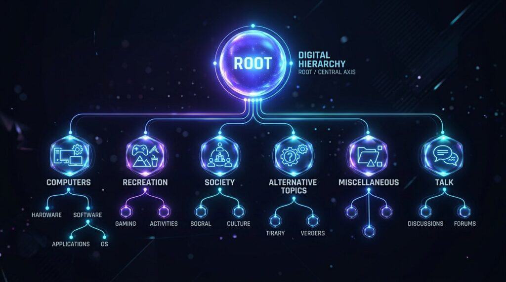Digital hierarchy diagram showing root, computers, society, and topics.