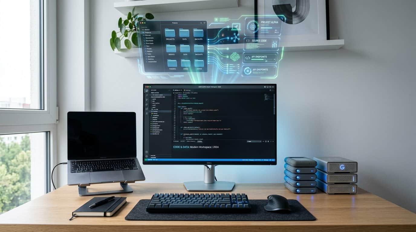 Modern computer workspace with coding and data management tools.