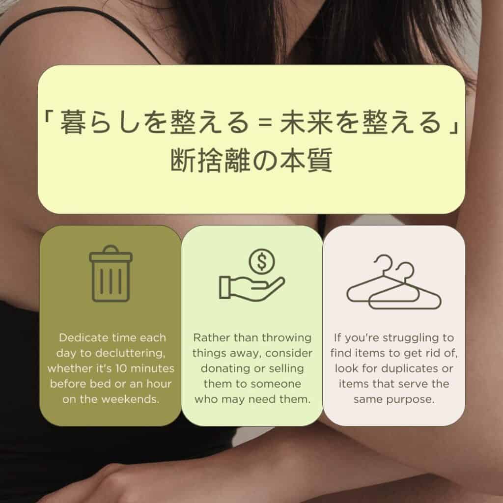 断捨離の本質を伝えるイラストとメッセージ。「暮らしを整える=未来を整える」という言葉と、分別・寄付・使いまわしの工夫を提案する英語のピクト解説。