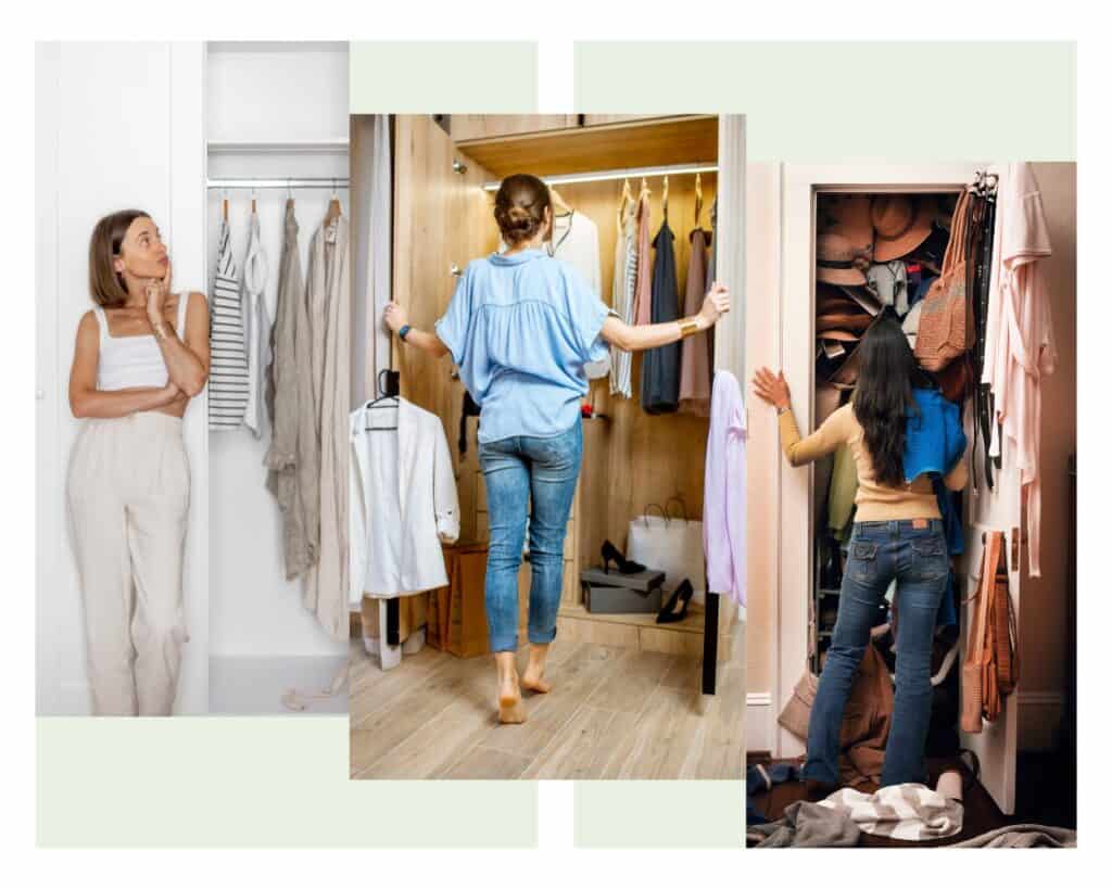 服選びに悩む女性たちがそれぞれクローゼットを開けている様子。スッキリ収納とあふれる服の対比