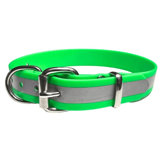 Bright green reflective dog collar with BioThane® material and metal buckle.