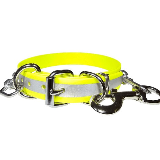 Bright yellow reflective dog collar with metal hardware and leash clip.