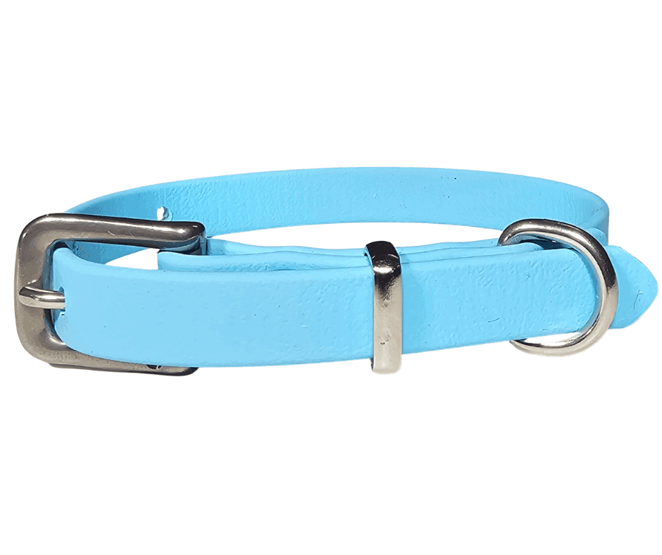 Dog Collar Biothane 13mm pastel blue is soft and suppple. Made in Australia, it is perfect for the harsh conditions. Sun, cold, wet -all weather types.