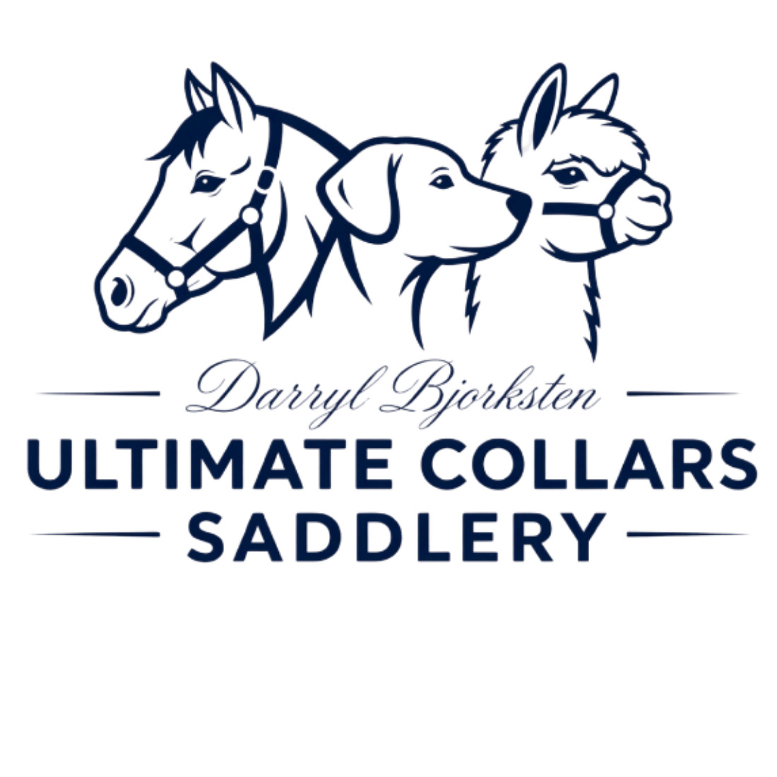 Darryl Bjorksten Ultimate Collars Saddlery logo with horse and dog illustrations.