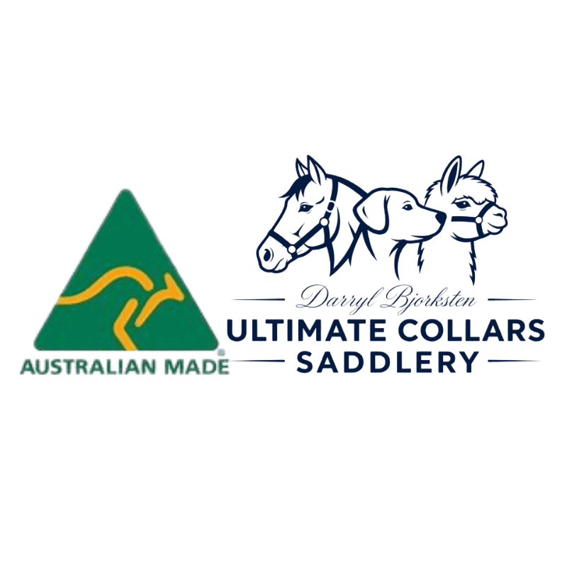 Darryl Bjorksten Ultimate Collars Saddlery logo with horse illustrations and Australian made badge.