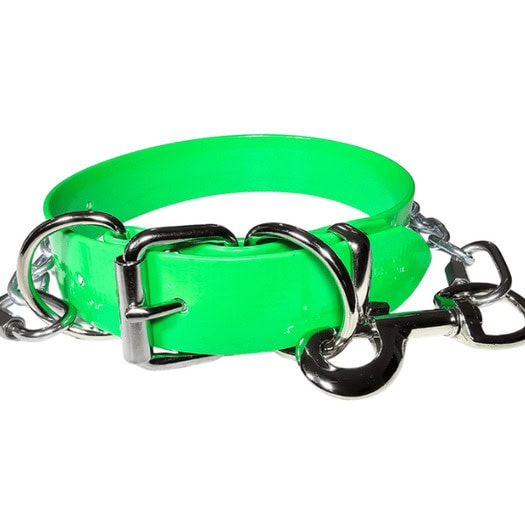 Bright green working dog collar with metal hardware and chain link.