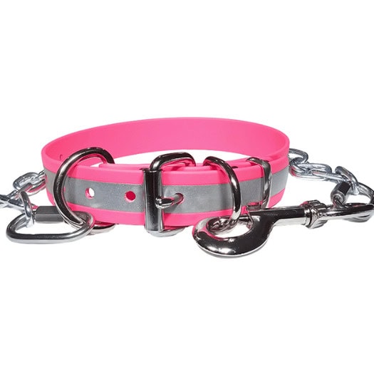 Pink reflective dog collar with chain and metal clasp for tie-out.