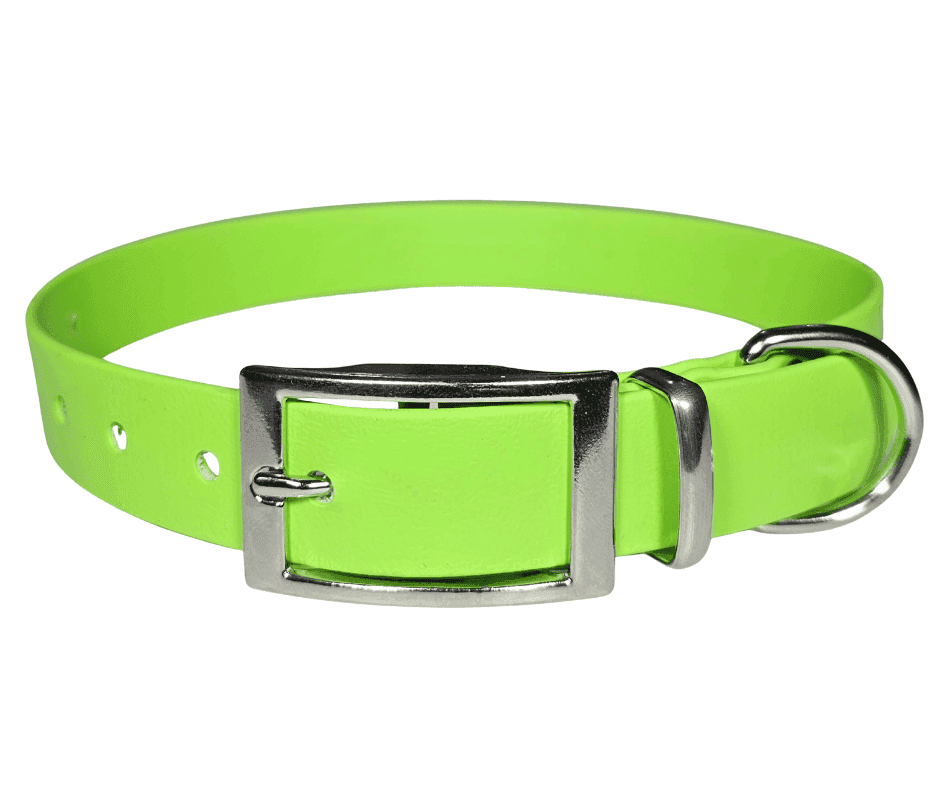 25mm Biothane dog collar pastel green. It is a bright, strong but soft dog collar. BioThane is waterproof and easy to clean.