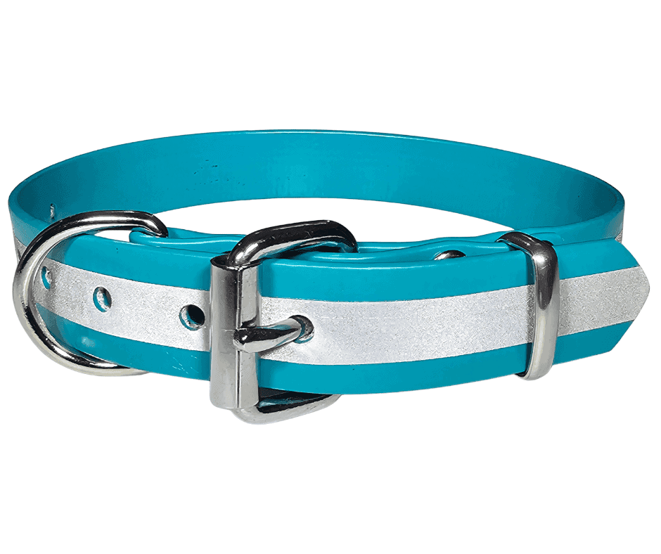25mm PVC reflective Dog Collar. Made from 25mm Australian made PVC these collars are soft, flexible & durable. Available in 12 vibrant colours. This collar is made from Turquoise PVC