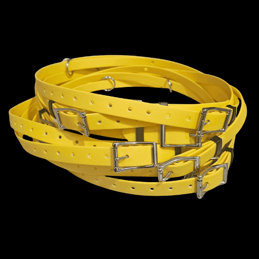 Bright yellow horse ID collars with metal buckles for easy fitting.
