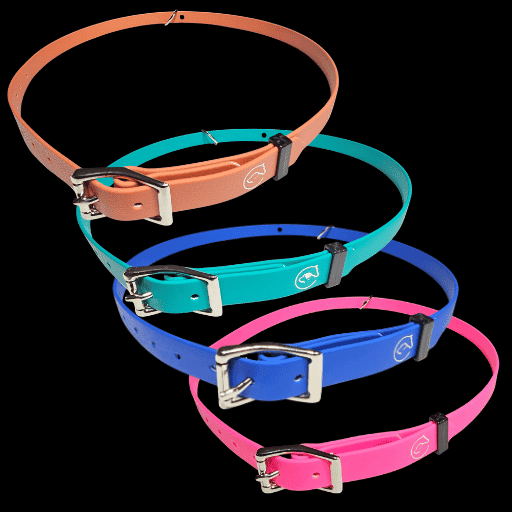 Colorful horse collars in peach, teal, blue, and pink for horse ID identification.