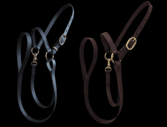 Durable leather horse collars with metal buckles and clips for riding and training.