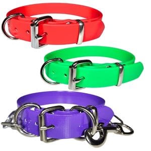 Durable, colourful dog collars in red, green, and purple for training and everyday use.