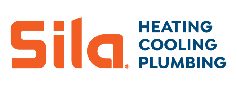 Logo for Sila with the words "Heating, Cooling, Plumbing" in blue text next to the company name in orange.