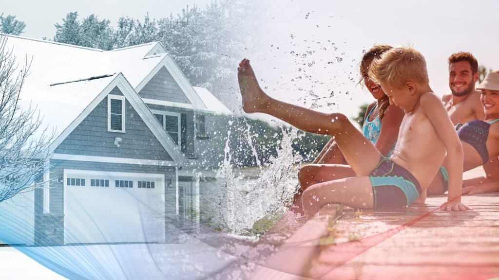 A composite image showing a snowy house on the left and a family in swimsuits splashing water by a dock on the right, symbolizing contrasting winter and summer scenes—perfect for illustrating your winterize checklist or how to prepare home before vacation.