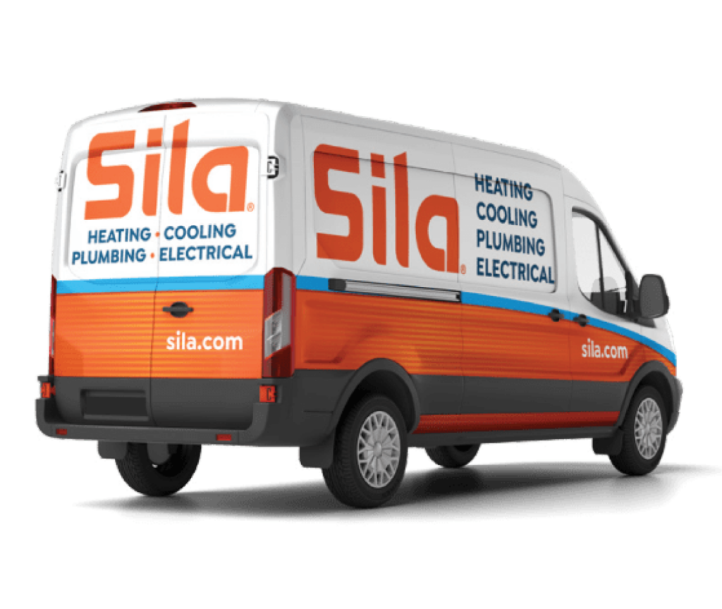 A white and orange service van with "Sila" branding and text for heating, cooling, plumbing, electrical, and the website sila.com on the side and rear.